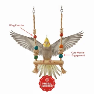 Illustration of a cockatiel flapping its wings while balancing on a swing toy to demonstrate core muscle exercise.