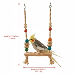 Illustration showing the height and width measurements of a standard cockatiel swing toy to ensure proper cage fit.