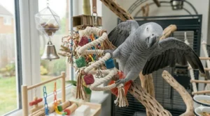 A large colorful cotton rope bungee swing providing exercise and movement for medium to large parrots.