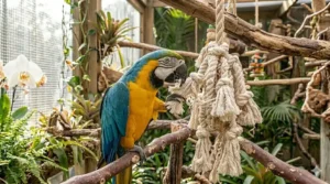 A soft cotton rope preening toy for macaws to prevent feather plucking and boredom.