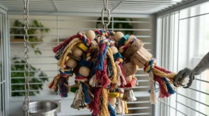 A large colorful cotton rope preening toy to prevent feather plucking in big birds.