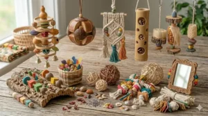 A soft cotton rope preening toy with colorful knots to prevent feather plucking in small pet birds.