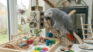 A collection of bird-safe wood slats, leather strips, and plastic links for making custom African Grey toys.