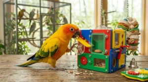 Durable acrylic puzzle toy for medium birds to promote cognitive development and prevent boredom.