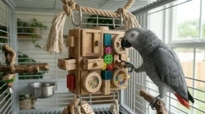 An educational color-sorting puzzle toy designed for the mental stimulation of large birds.