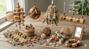 A flexible multi-step wooden ladder toy for small birds to encourage climbing and exercise.