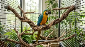 A multi-branch forked perch made from natural wood, offering various resting spots for pet birds.