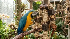 Natural wood and sisal rope toy designed for heavy macaw chewing and beak maintenance.