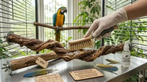 An illustrated guide on how to safely wash and disinfect natural wood perches for birds.