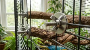 Close-up of the metal wing nut and washers used to install natural wood perches for birds securely to cage bars.