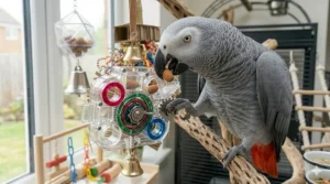 An educational bird toy featuring a color-sorting puzzle to stimulate African Grey cognitive skills.