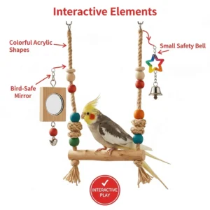 Illustration of an interactive cockatiel swing toy equipped with a small safety bell and colorful acrylic shapes.
