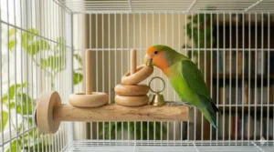 Lovebird playing with an interactive educational toy involving stacking rings or shapes.