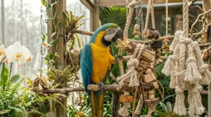An organic yucca wood bird kabob shredder toy for large macaws and cockatoos.