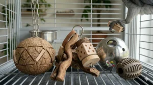 A set of chunky wooden and plastic foot toys sized specifically for large parrot feet.