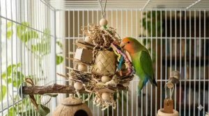 A lovebird engaging with a foraging toy filled with shredded paper and hidden treats.