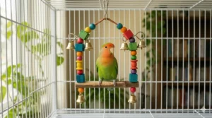 A colorful wooden bead swing designed for small parrots like lovebirds and parrotlets.