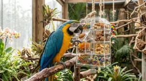A transparent acrylic macaw foraging toy filled with nuts and shredded paper.