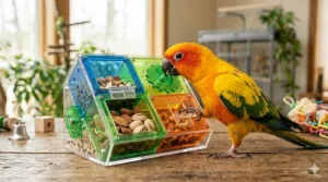 Interactive foraging toy for medium birds designed to hide treats and encourage natural hunting instincts.