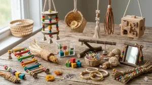 Hand-crafted small bird toy made from natural sola wood and seagrass for safe chewing.