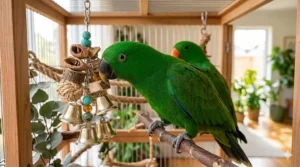 An eco-friendly bird toy made of natural wood blocks and cotton rope with a large safety bell attached.