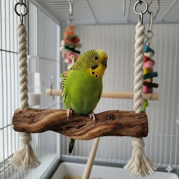 A colorful parakeet sitting on a natural wood bird swing perch inside a cage.