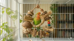 Eco-friendly lovebird toys made from bird-safe yucca, bamboo, and coconut shells.