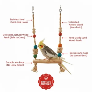 Diagram highlighting bird-safe materials for a cockatiel swing toy including stainless steel hooks and untreated wood.