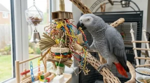 A colorful shredding toy made of yucca, sola pith, and crinkle paper designed for parrot beak health.