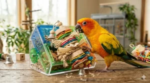 Softwood shredding toy for medium-sized parrots like Sun Conures and Quakers.