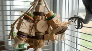 Natural balsa and pine wood shreddable toys designed for large parrots with strong beaks.