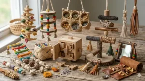 A hanging shredding toy made of colorful cardboard strips and palm leaves for cockatiels and lovebirds.