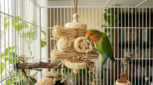 Natural sola bird toys and seagrass mats designed for lovebirds to chew and shred.
