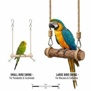 Size guide comparing a bird swing perch for cockatiels versus one for large macaws.