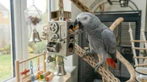 A durable stainless steel hanging bell toy designed to withstand the strong beak of an African Grey.