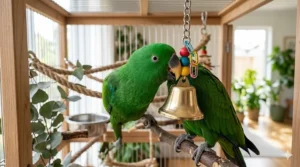 Three vertical stainless steel bird bells hanging from a sturdy silver chain for medium-sized birds.