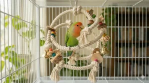 Durable stainless steel bell toy for lovebirds providing auditory stimulation and play.