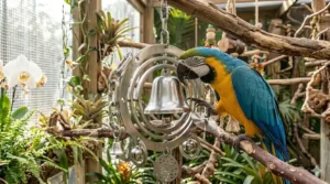 A durable stainless steel hanging bell toy suitable for large macaw parrots.