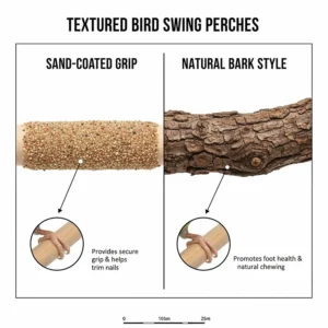 Comparison of different textures on a bird swing perch including sand-coated and natural bark styles.