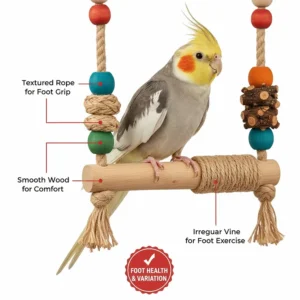 Illustration of varied textures on a cockatiel swing toy perch to help prevent pressure sores and maintain foot health.
