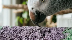 A photorealistic, highly detailed 4K close-up photograph of an African Grey parrot rubbing its horn-colored beak against a worn purple and green speckled pumice perch for birds. Fine particles of beak dust are visible on the deeply textured surface.