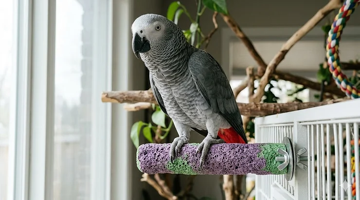 A detailed close-up of an African Grey Parrot with a red tail, gripping a purple and green textured pumice perch for birds. The perch is attached to a white cage with natural window light.