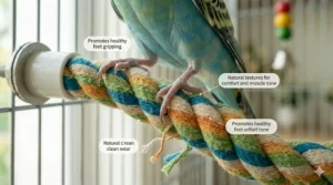 Diagram showing how the varied texture of a rope perch for birds helps prevent bumblefoot and leg cramping.