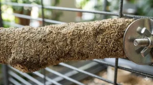 Close-up view of the non-slip, abrasive surface of a bird grooming perch designed to trim nails naturally.