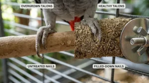 Illustration comparing overgrown bird talons to healthy, filed-down nails achieved through regular grooming perch use.