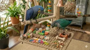 An infographic illustrating essential safety features to look for when choosing bird toys for parrots.