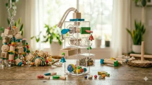 An interactive acrylic puzzle Bonka bird toy designed to challenge a parrot's intelligence.