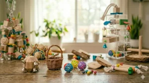 Small, handheld foot toys from Bonka bird toys perfect for parrots to hold and manipulate.