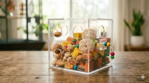 A wooden Bonka bird toy box used for hiding treats to encourage natural foraging behaviors.