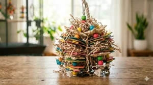 A colorful paper and cardboard Bonka bird toy designed for shredding and preening activity.